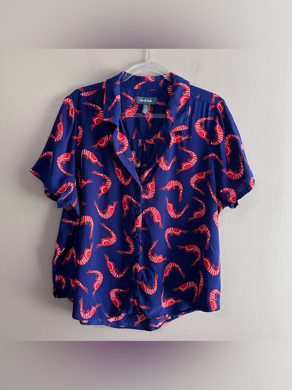 ModCloth Blue Red Shrimp Print Short Sleeve Button Front Camp Shirt Womens 2X